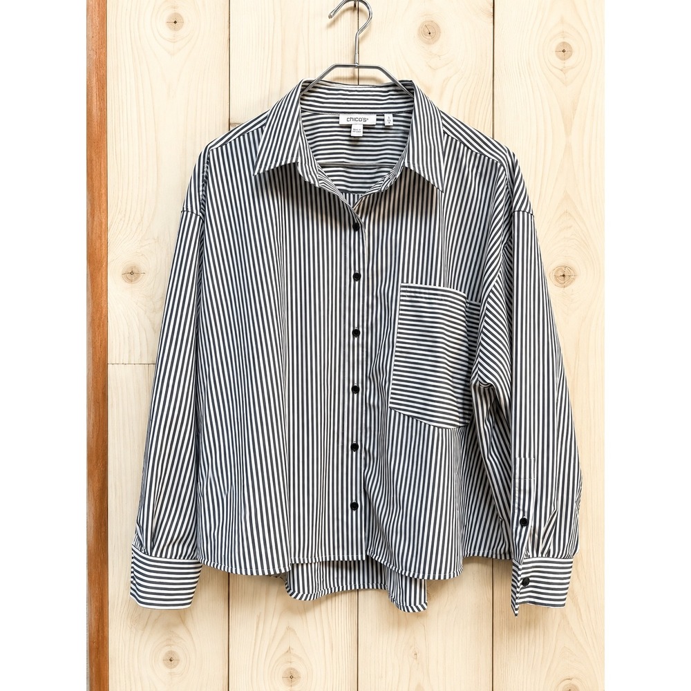Chicos Striped Button Down Shirt Womens 3 US 16 Navy White Long Sleeve